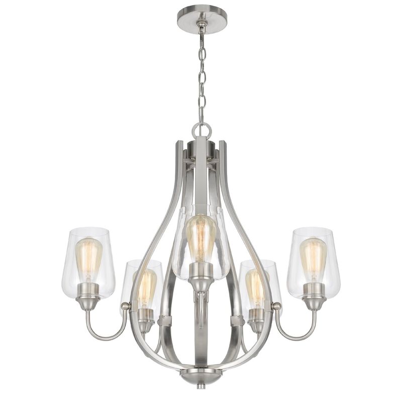 5 Light Chandelier, Teardrop Shape Glass Shades, Brushed Silver 26 Inch image number 2