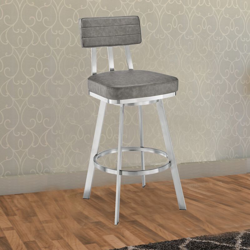 Col 30 Inch Swivel Bar Stool, Gray Vegan Faux Leather, Stainless Steel Legs-Benzara image number 2