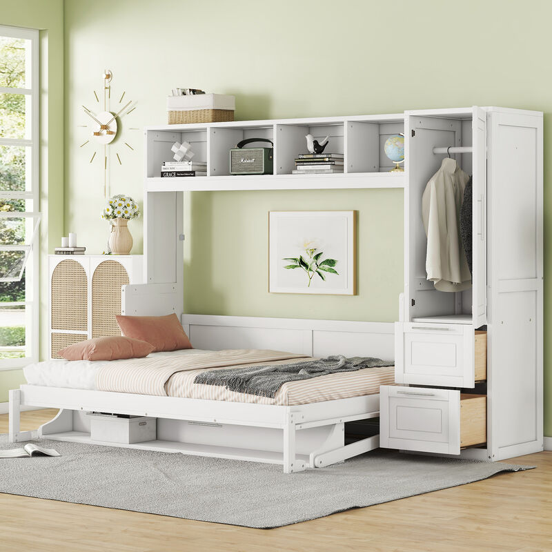 Whisen Modern Design Full Size Murphy Bed Wall Bed with Closet and Drawers - White