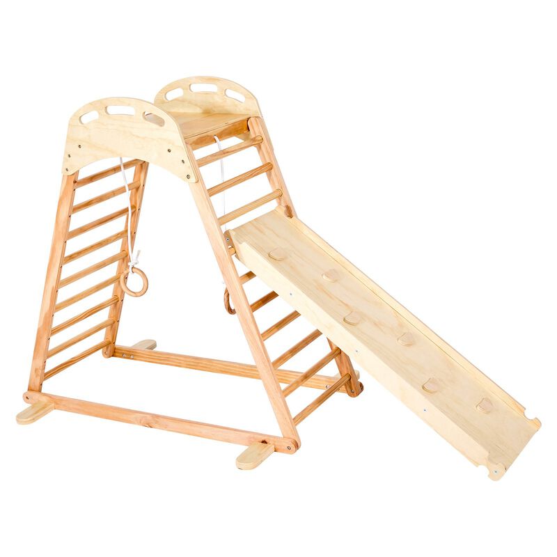 Wooden Indoor Playground Jungle Gym 4-in-1 Kids Climber with Slide, Ladder & Rings-Natural image number 7