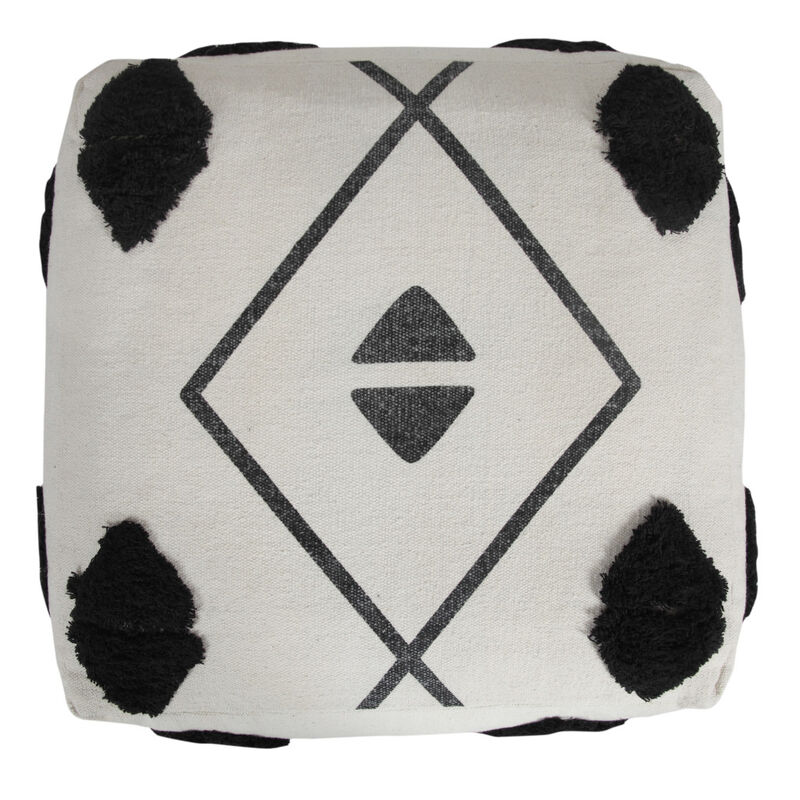Hivvago 18 Inch White Cotton Geometric Pouf Ottoman
