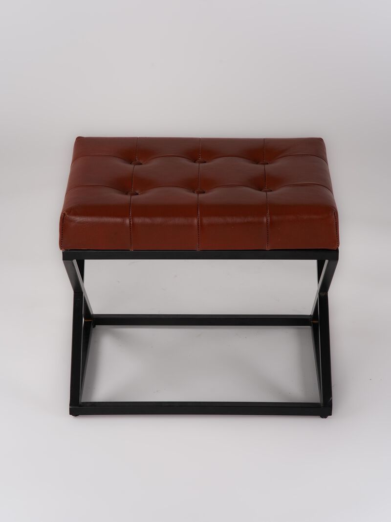 Handmade Eco-Friendly Geometric Buffalo Leather & Iron Black Square Ottomon Stool 21"x18"x16" From BBH Homes