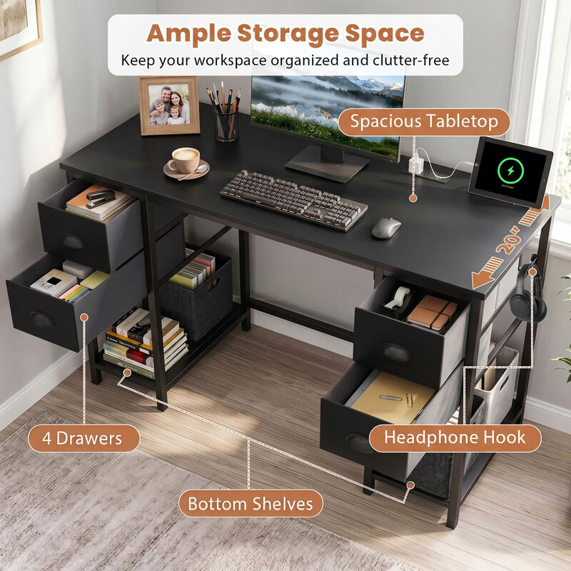 Home Office Computer Desk with Charging Station & 4 Fabric Drawers, Study Work Desk image number 3