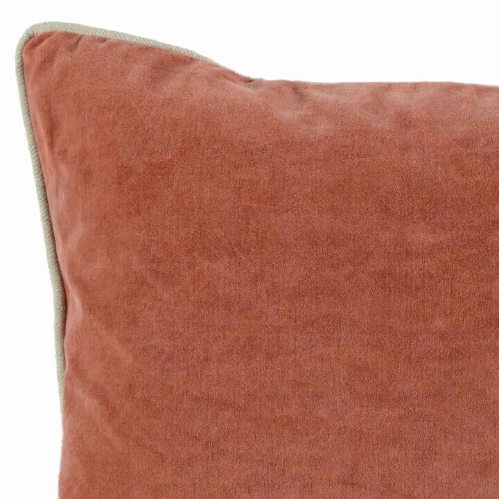 Rectangular Fabric Throw Pillow with Solid Color and Piped Edges, Terra Cotta - Benzara