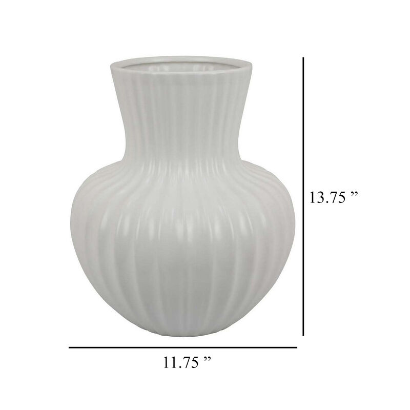 Decorative Vase, 14 Inch White Ceramic Body, Vertical Ribbed Pattern