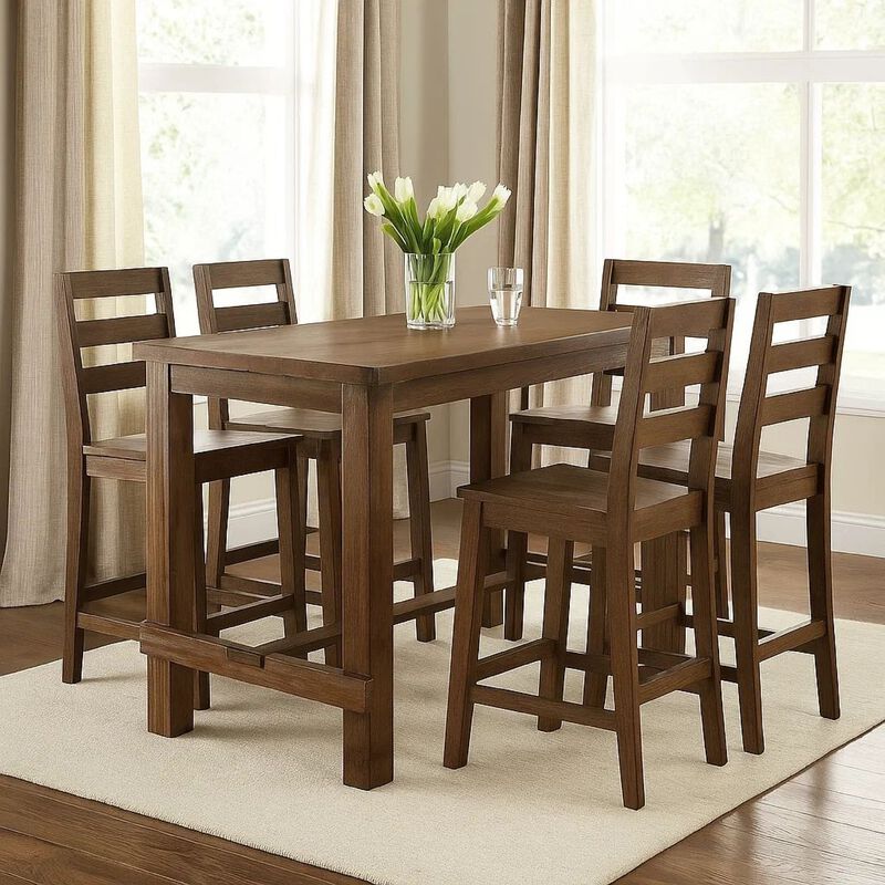 Rustic Plank Wooden Counter Height Table with Block Legs, Oak Brown