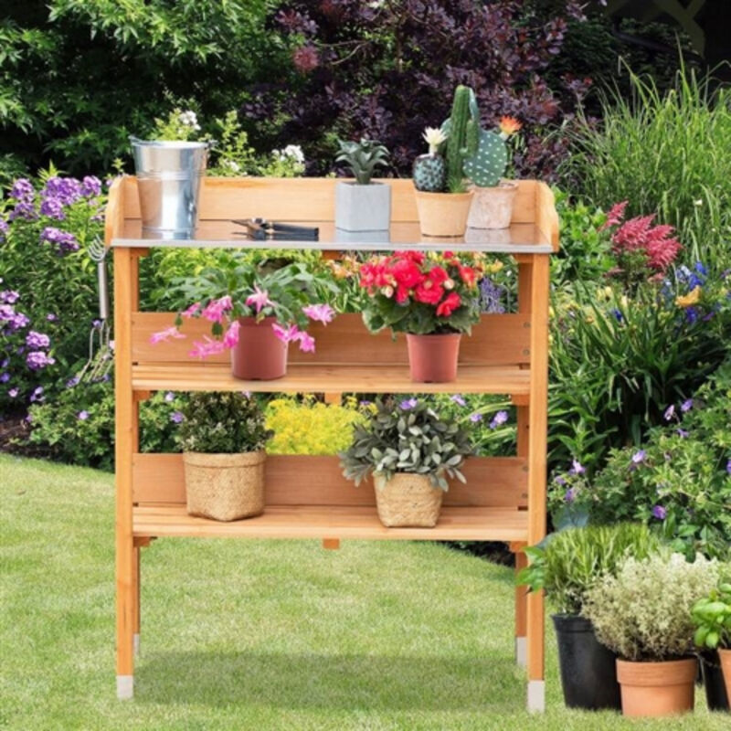 Outdoor Solid Wood Work Table with Metal Surface & Bottom Shelves