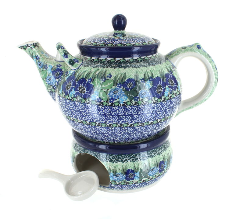 Blue Rose Polish Pottery Sapphire Fields Large Teapot & Warmer