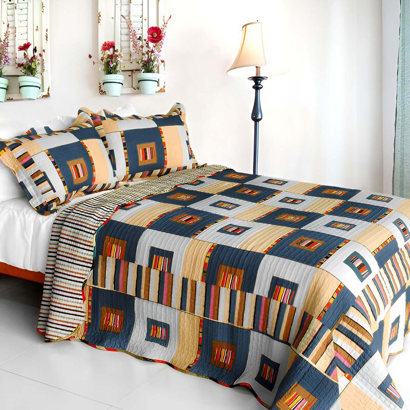 Cotton Queen Size 3PC Plaid Printed Quilt Set Dim Light Vermicelli Quilted Set image number 0