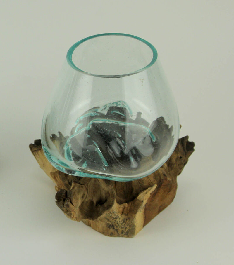 Clear Molten Glass On Teak Driftwood Base Decorative Bowl Vase Terrarium Planter image number 2