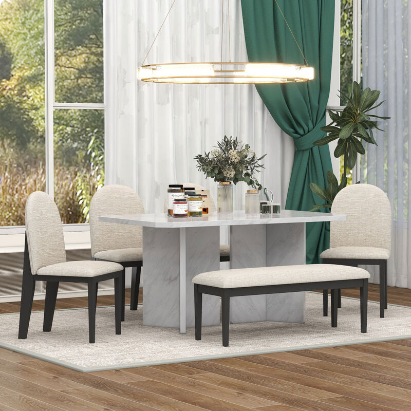 6-Piece Modern Style Dining Set with Faux Marble Table and 4 Upholstered Dining Chairs & 1 Bench (White)