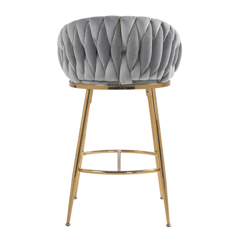 26 Inch Velvet Counter Height Bar Stool with Hand Wave Back and Golden Base for Kitchen Island image number 5