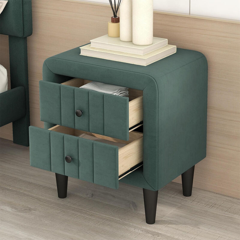 Upholstered Wooden Nightstand with 2 Drawers,Fully Assembled Except Legs and Handles,Velvet Bedside Table-Green