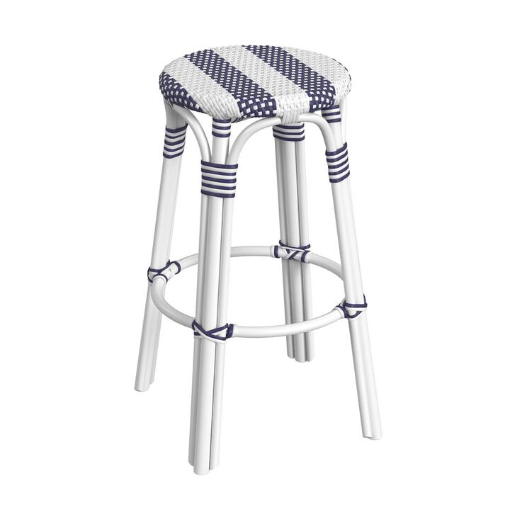 Butler Specialty Tobias Round Rattan 30 Bar Stool, White and Navy Stripe