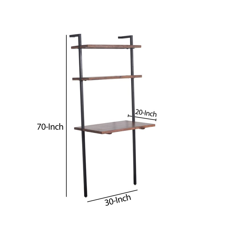 Industrial 3 Tier Mango Wood Ladder Storage Wall Shelf with Tubular Frame, Brown and Black-Benzara