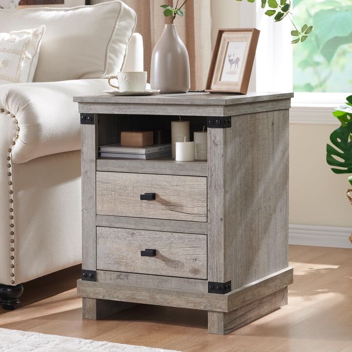 Rustic Nightstand with Charging Station, 18" End Table, 2 Drawers, USB & AC Ports