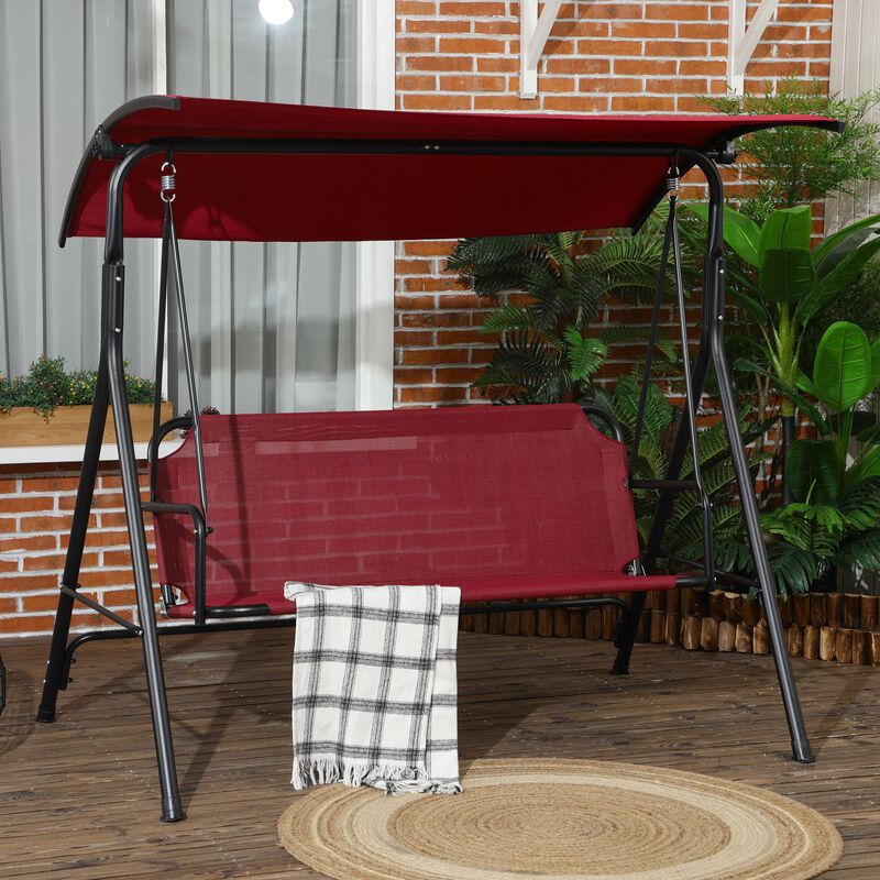 3-Person Porch Swing Bench with Stand & Adjustable Canopy, Armrests, Steel Frame for Outdoor, Garden, Patio, Porch & Poolside, Wine Red