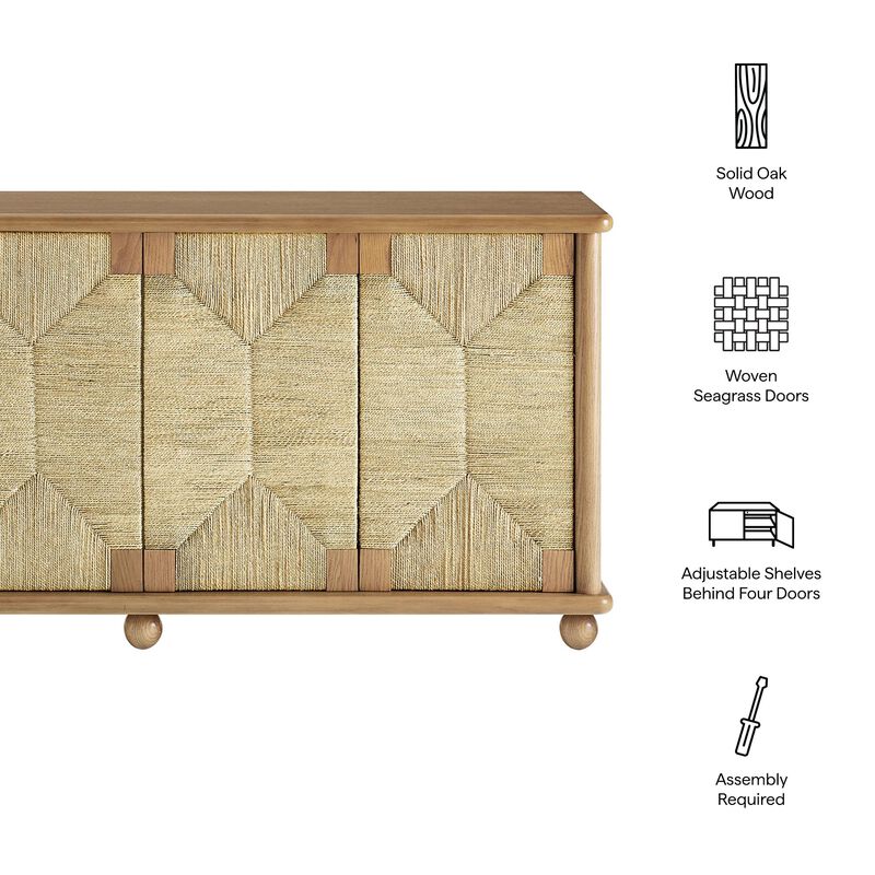 Marola 71 Inch Oak Wood Sideboard with 4 Seagrass Doors image number 3