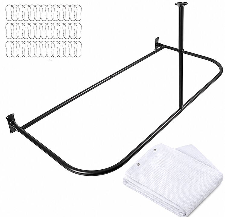 Shower Suites By Utopia Alley D-Shaped Shower Curtain Rod for Freestanding Tubs - Complete Shower Solution with Extra-Long Fabric Shower Curtain & 36 Hooks, Rustproof Aluminum, 60" x 25"
