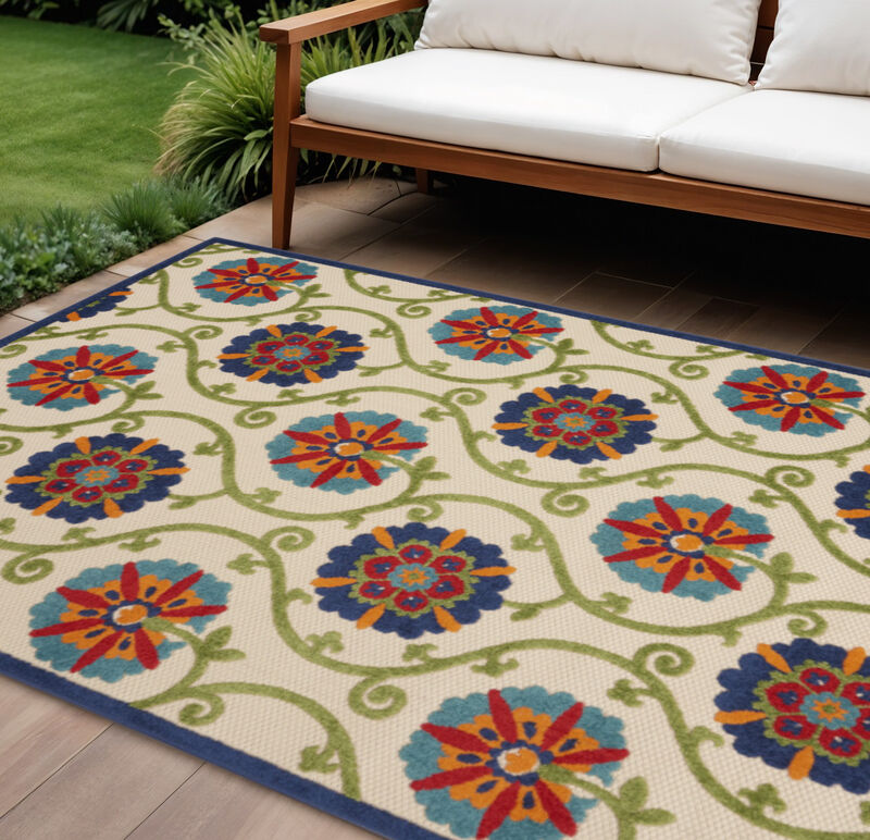 HomeRoots 8' X 11' Navy Blue Beige Green Blue And Red Floral Indoor Outdoor Area Rug image number 1
