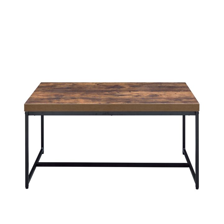 Metal Framed Coffee Table with veneer Top, Weathered Oak Brown and Black-Benzara