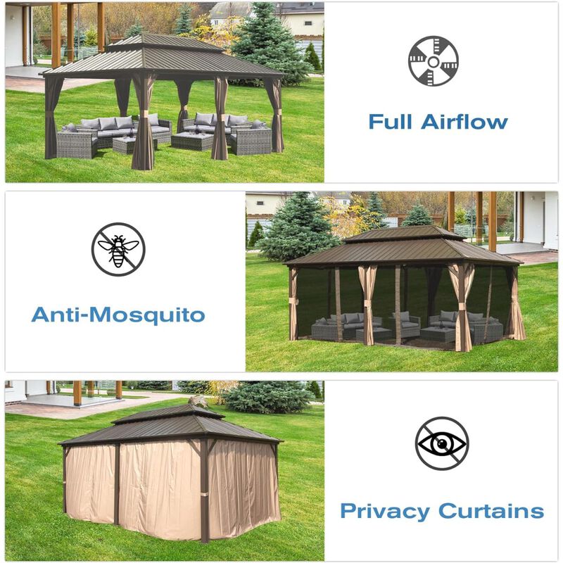 12' X 20' Hardtop Gazebo, Aluminum Metal Gazebo with Galvanized Steel Double Roof Canopy, Curtain and Netting, Permanent Gazebo Pavilion for Party, Wedding, Outdoor Dining, Brown