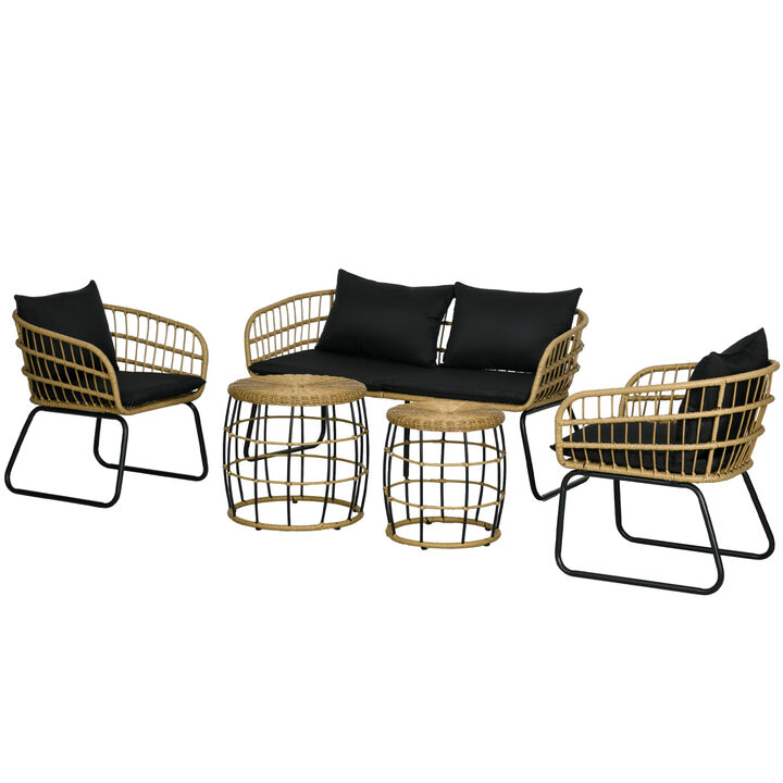 Outsunny 5 Piece PE Rattan Outdoor Furniture Set with Cushioned Chairs & Loveseat Sofa, Patio Sectional Furniture Set, Conversation Sofa Set with Stackable Coffee Tables, Cream White