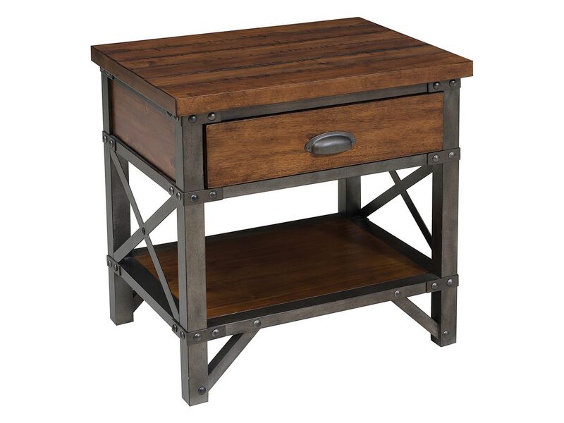 Wooden Nightstand with Metal Block Legs and Open Shelf, Brown - Benzara