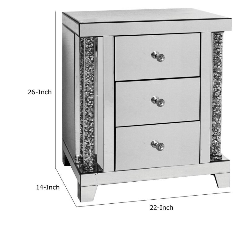 Noe 26 Inch 3 Drawer Accent Table Nightstand, Mirrored, Faux Diamond Inlay, Silver - Benzara