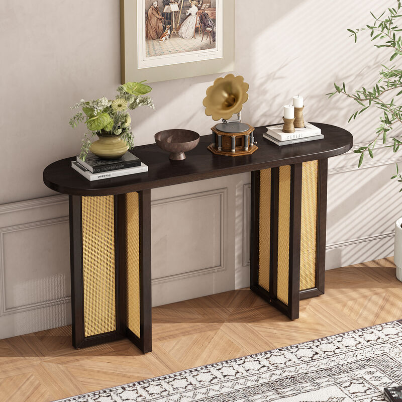 Clihome Farmhouse Rattan Console Table Entryway Table, Narrow Console Table with Storage, Hallway Table for Living Room