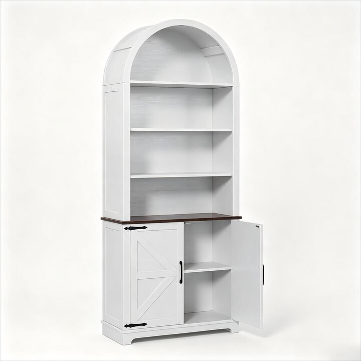 6-Tier Arched Bookcase, 70" Tall Wooden Bookshelf with Door, Arched Cabinet with Open Shelves, Floor Standing Display Bookcase for Home, Office