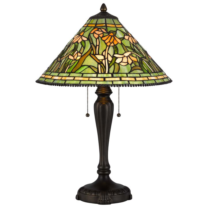 24 Inch Table Lamp, Floral Tiffany Style Stained Glass, Bronze Resin - Benzara