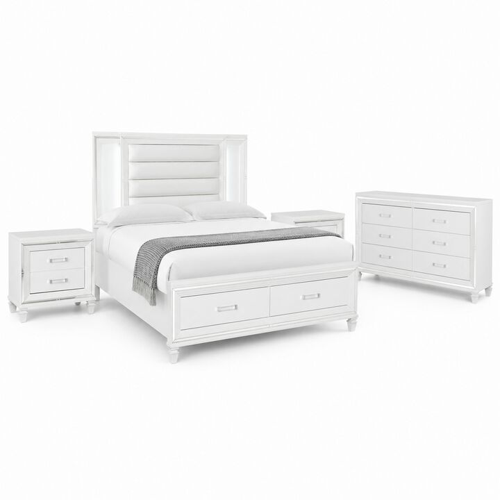 Queen Bedroom Set, White Wood, 4 Piece Set with 2 Nightstands and Dresser