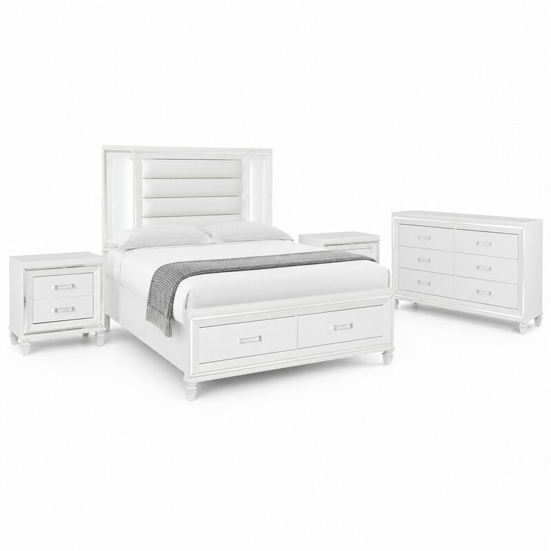 Queen Bedroom Set, White Wood, 4 Piece Set with 2 Nightstands and Dresser image number 0