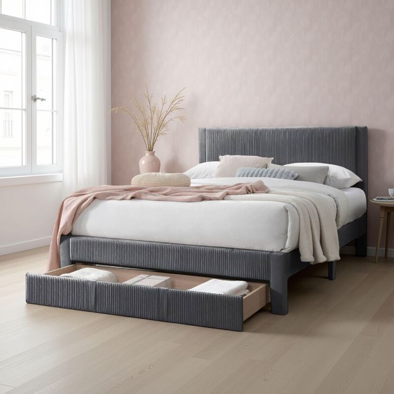 Peo Queen Size Bed w Storage Drawer, Charcoal Gray Corduroy Upholstery - Benzara