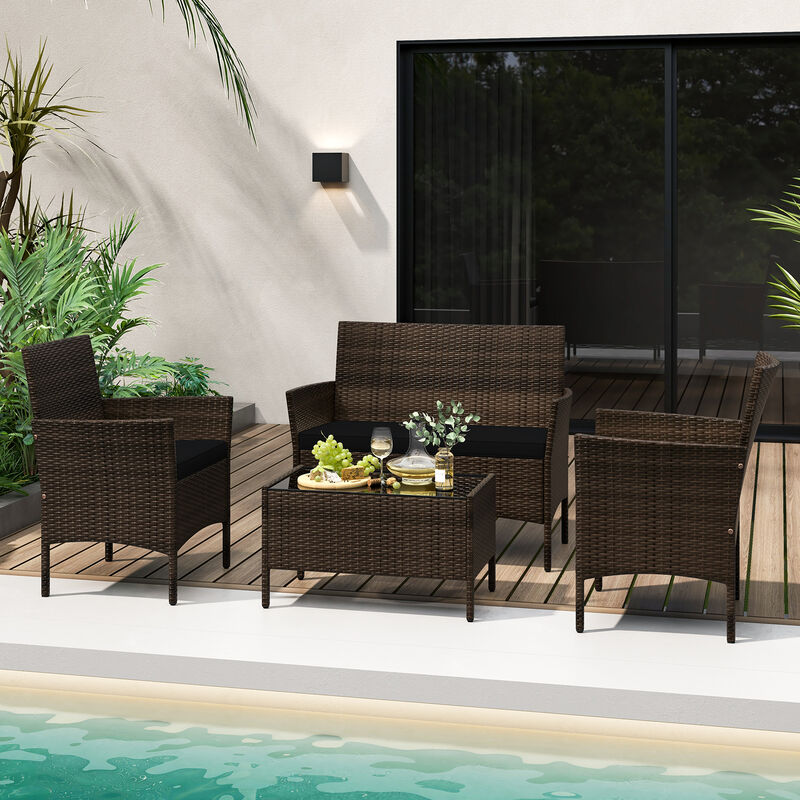 4 Piece Patio Rattan Conversation Set with Cozy Seat Cushions