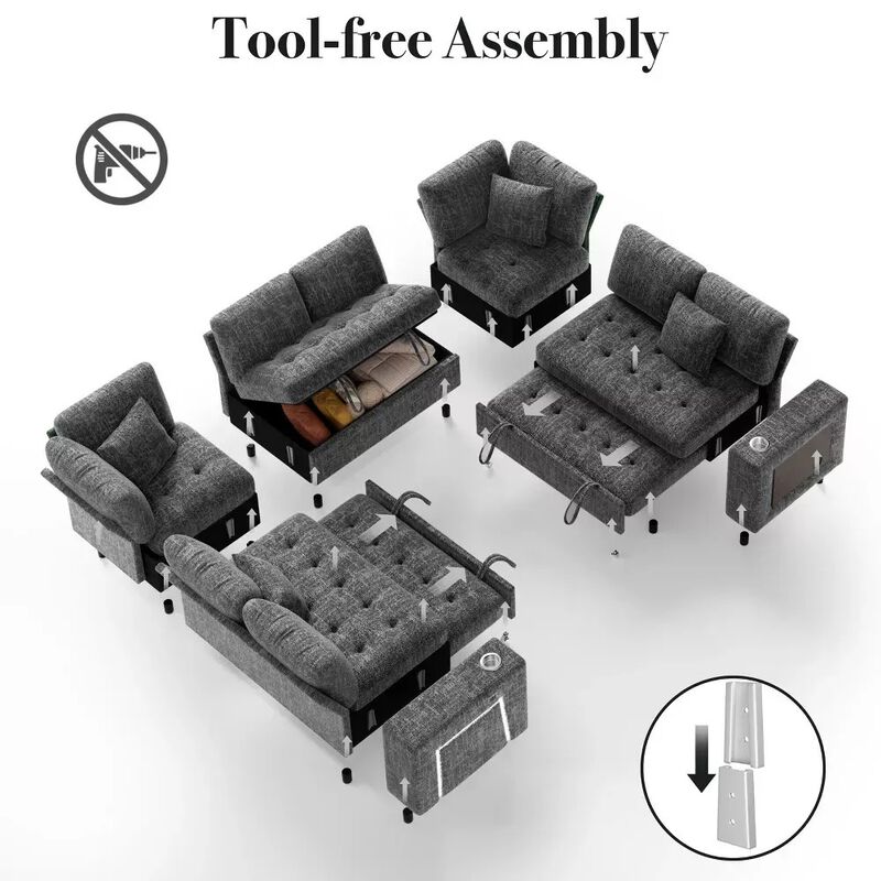 Vipbear 110" Modular Sectional Sleeper Sofa, 8-Seater Chenille U-Shaped Couch with Pull-Out Beds image number 6