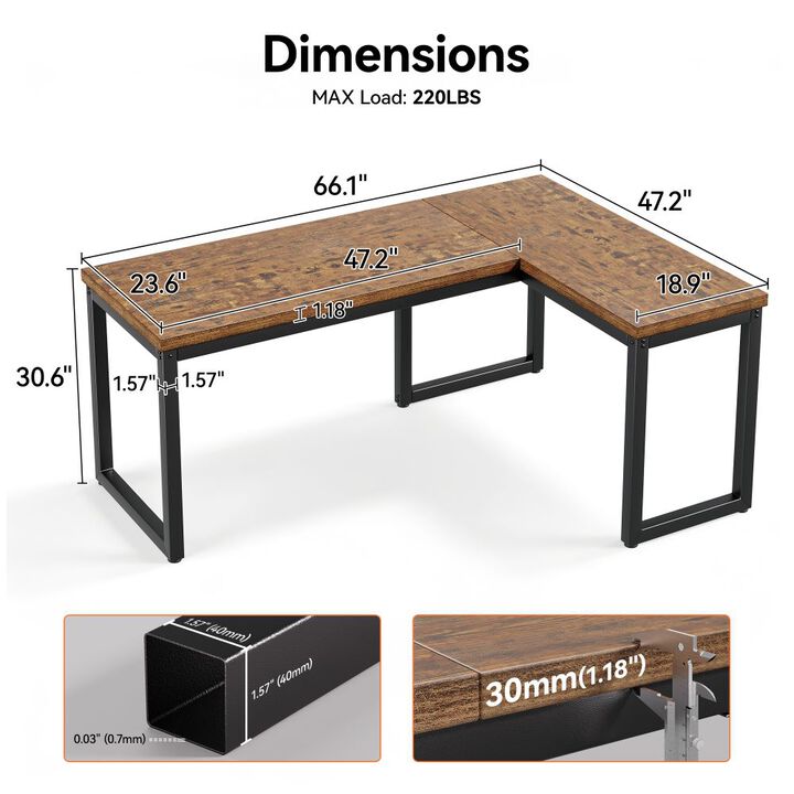 66 Inch L Shaped Computer Desk, 1.2 Inch Extra-Thick Desktop,Gaming Writing Work for Home Office