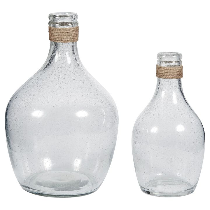 Vase with Bottleneck and Rope Accent, Set of 2, Clear-Benzara