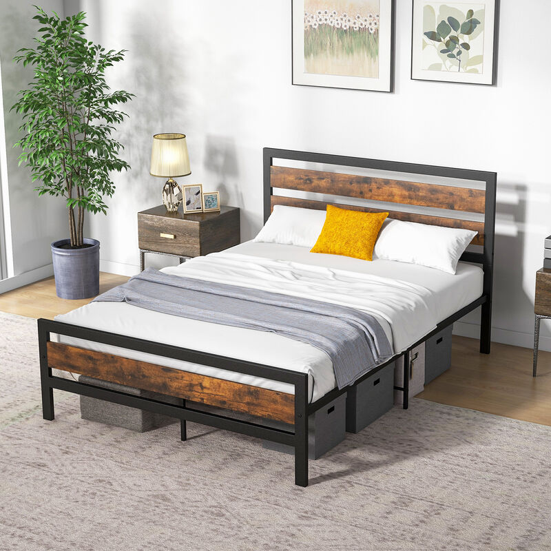 Industrial Bed Frame with Rustic Headboard and Footboard