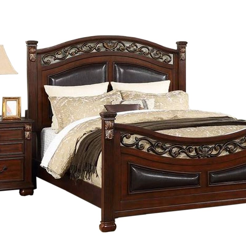 Miri California King Bed, Carved Details, Faux Leather Upholstery, Cherry - Benzara