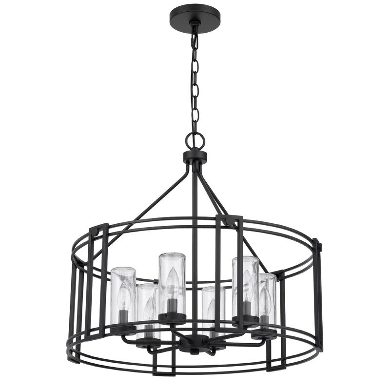 6 Light Chandelier, Caged Round Oval, Glass Shades, Black Metal 24 Inch image number 3