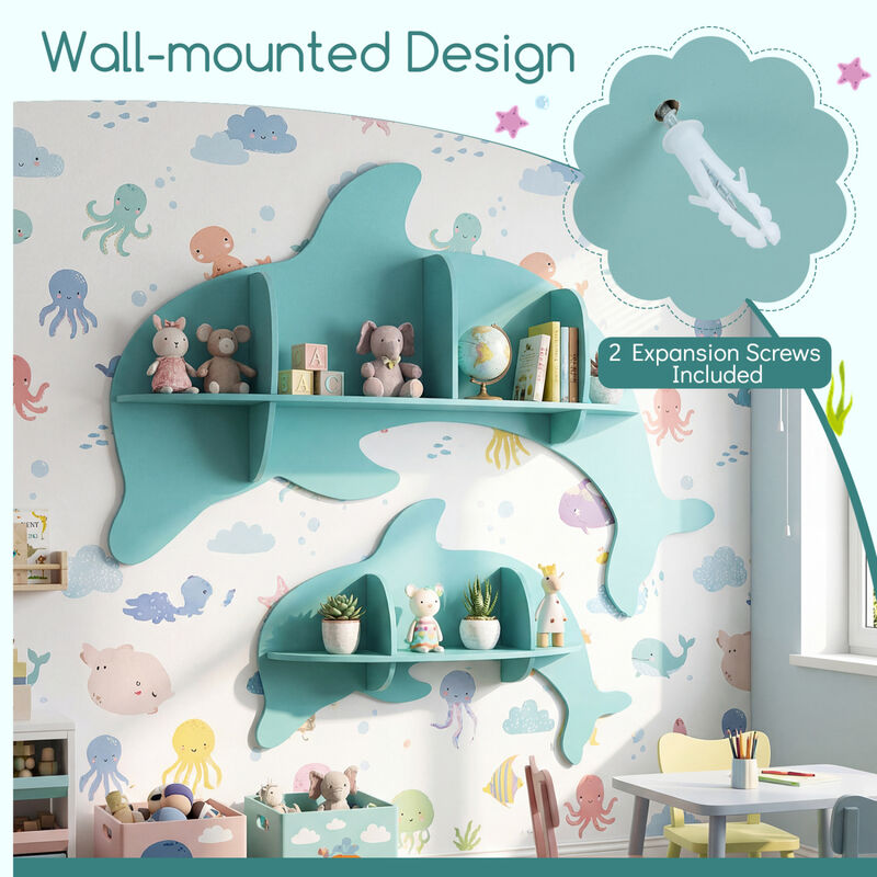 Set of 2 Wall Mounted Dolphin Shelves for Kids Room Decor and Storage-Blue image number 6