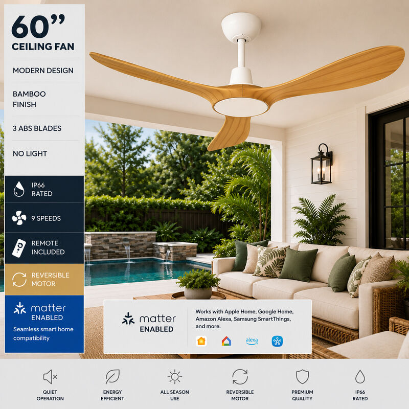 ENLIGHT 60" Smart DC Ceiling Fan, IP66 Outdoor/Coastal Rated, Matter Smart Home Integration, 3 Blades image number 1