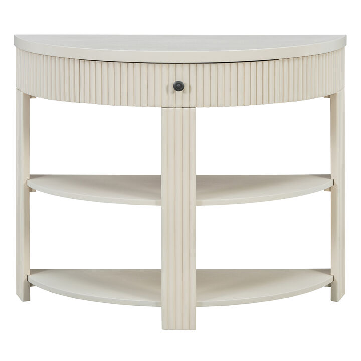 Whisen Half Moon Console Table, Fluted Wooden Entryway Table with Drawer & 2 Shelves, Solid Wood & MDF for Living Room Hallway