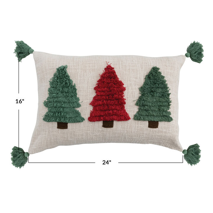 Slub Lumbar Pillow with Embroidered Fringe Trees and Tassels, Natural, Green and Red