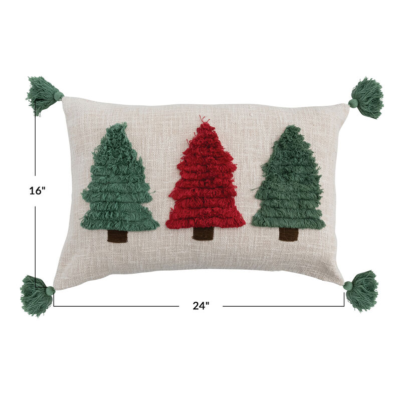 Slub Lumbar Pillow with Embroidered Fringe Trees and Tassels, Natural, Green and Red image number 1