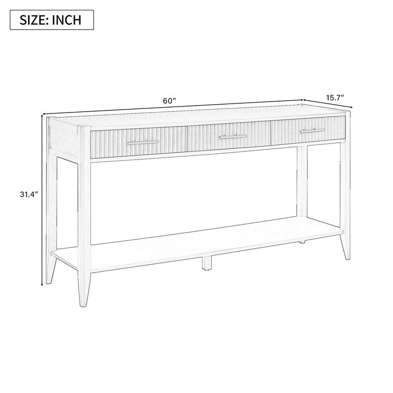 Clihome 60 Inch Console Table with 3 Wavy Drawers, Modern Entryway Table with Metal Handles and Storage Shelf
