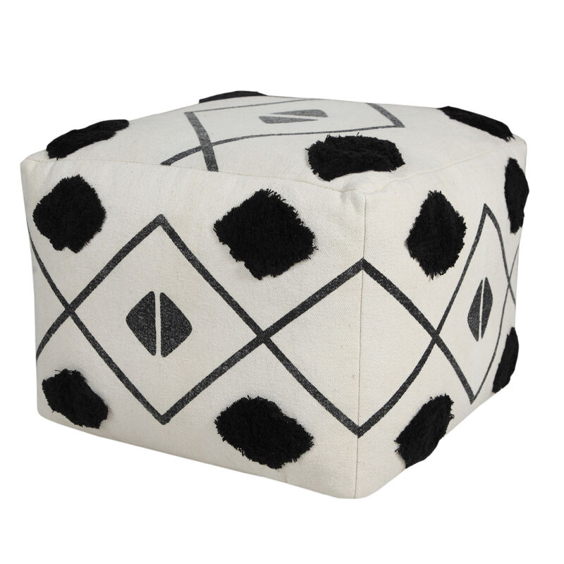 Hivvago 18 Inch White Cotton Geometric Pouf Ottoman