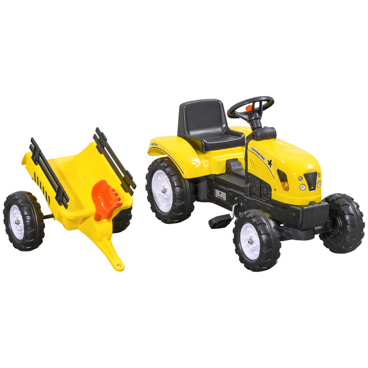 BreeBe Kids Ride on Tractor with Back Trailer, Shovel & Rake, Horn, Pedal Go Kart